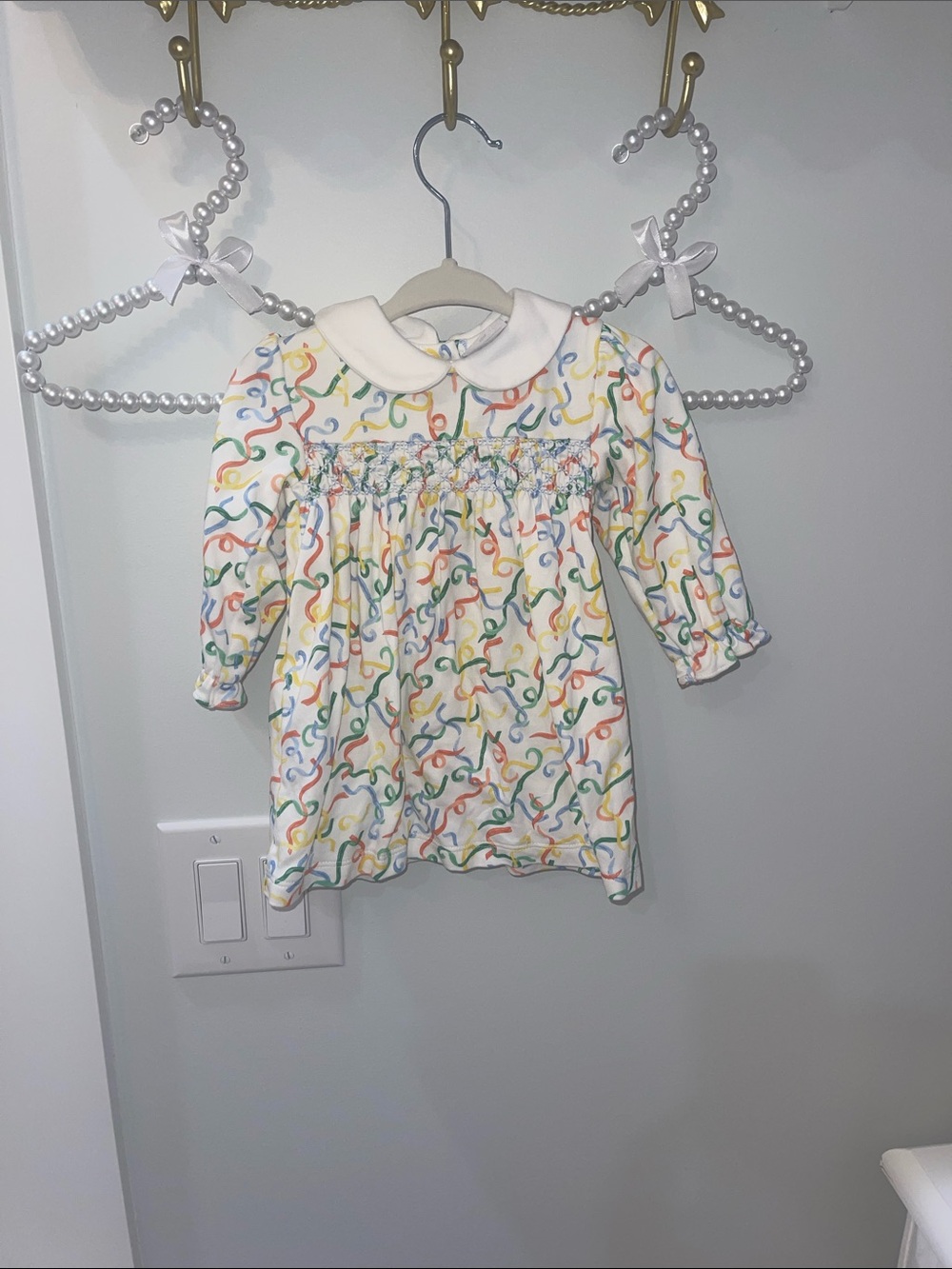 bella bliss White Smocked Dress with Multicolor Ribbon Print